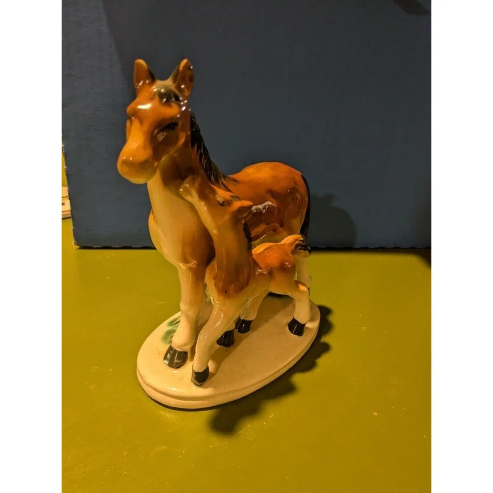 Vintage Horse Figurine Mare And Foal Ceramic Base 7” X 6”